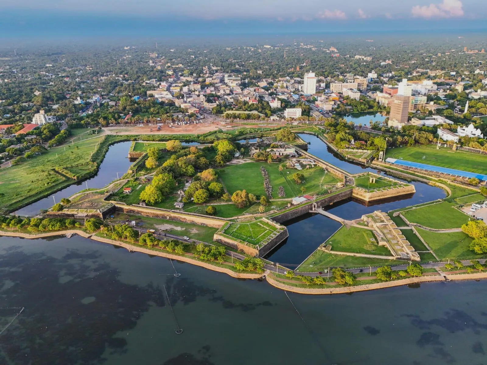 Aerial view of the Dutch-built Jaffna Fort beside the lagoon