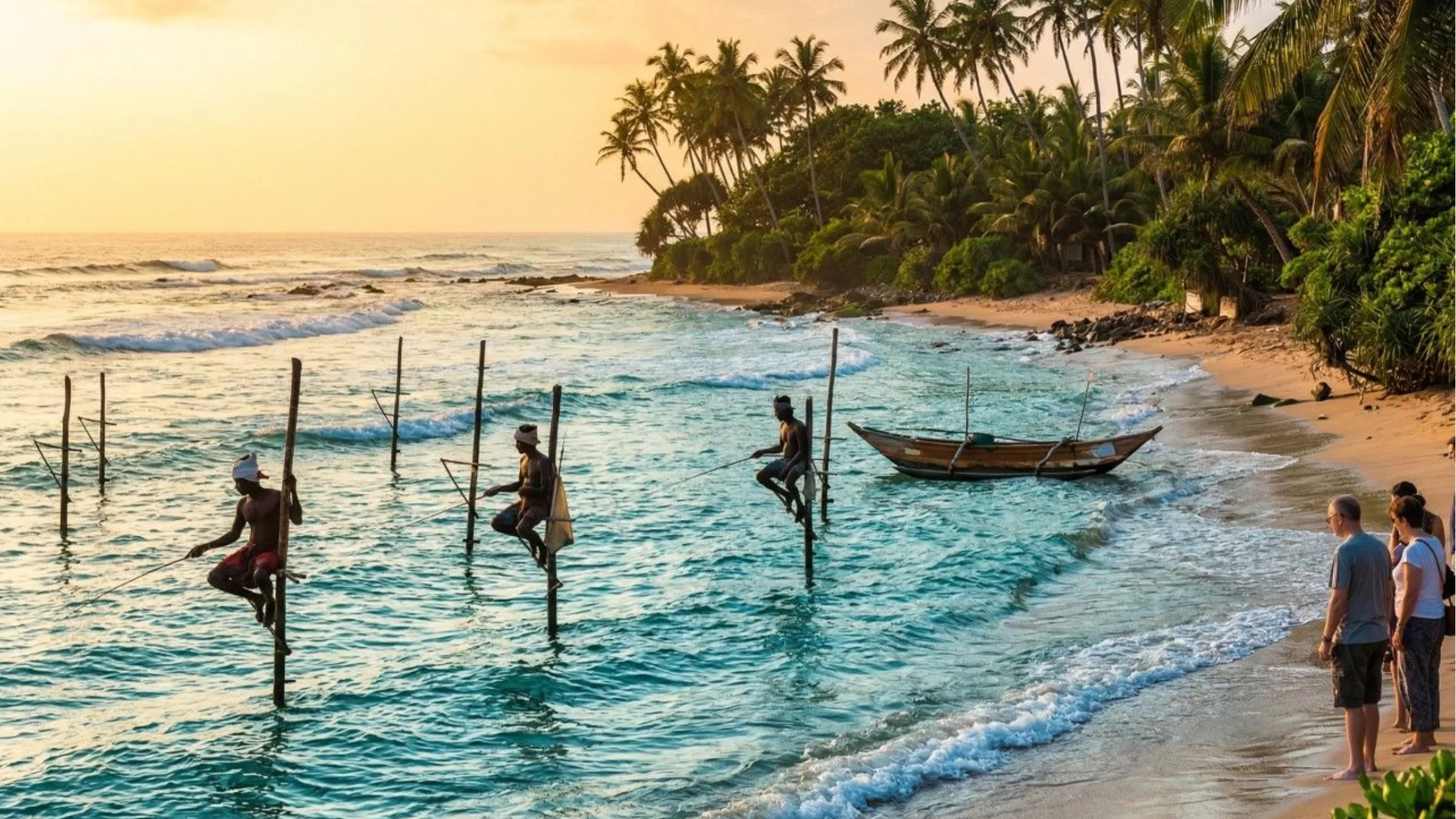 Traditional stilt fishermen casting lines into the surf at golden hour along Sri Lanka's south coast