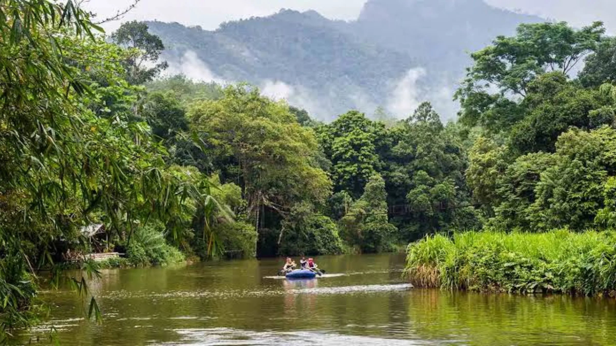 People rafting along a calm jungle river bordered by dense rainforest